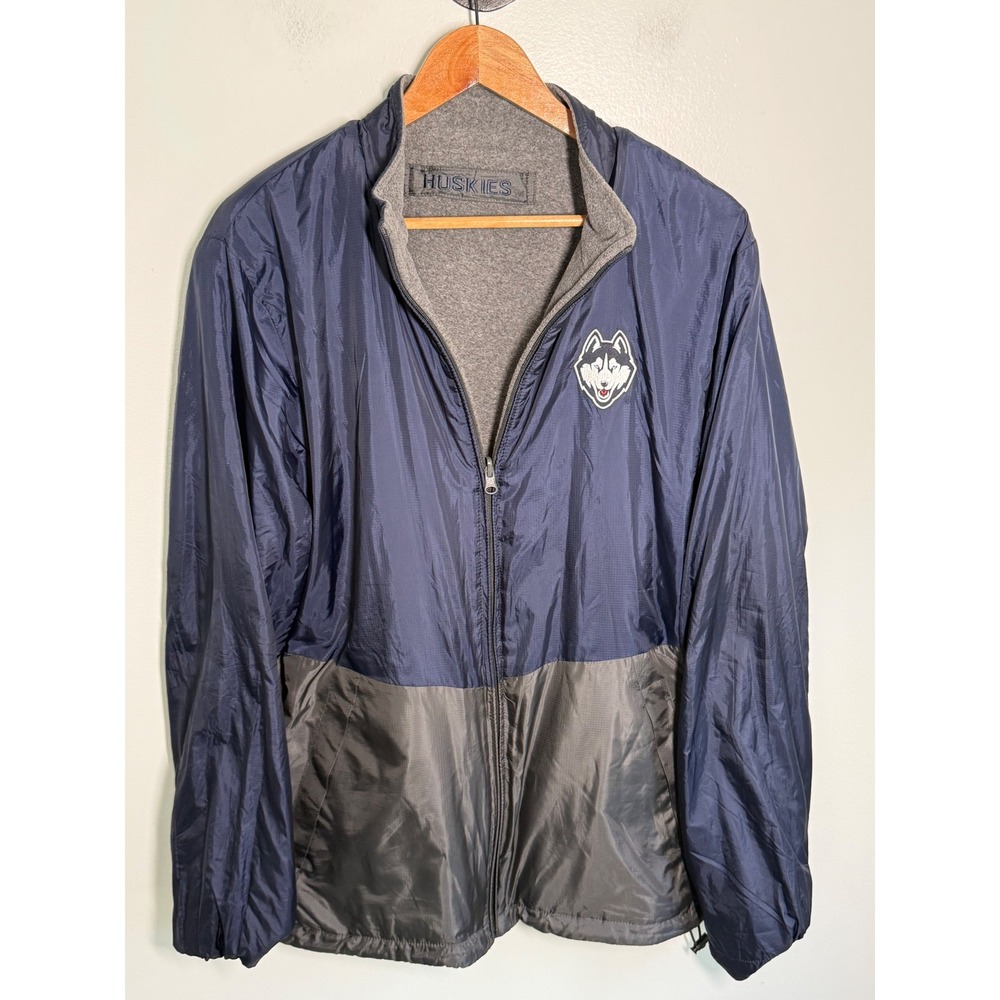 UConn Huskies Colosseum Reversible Jacket Mens L Navy Grey Fleece Windbreaker